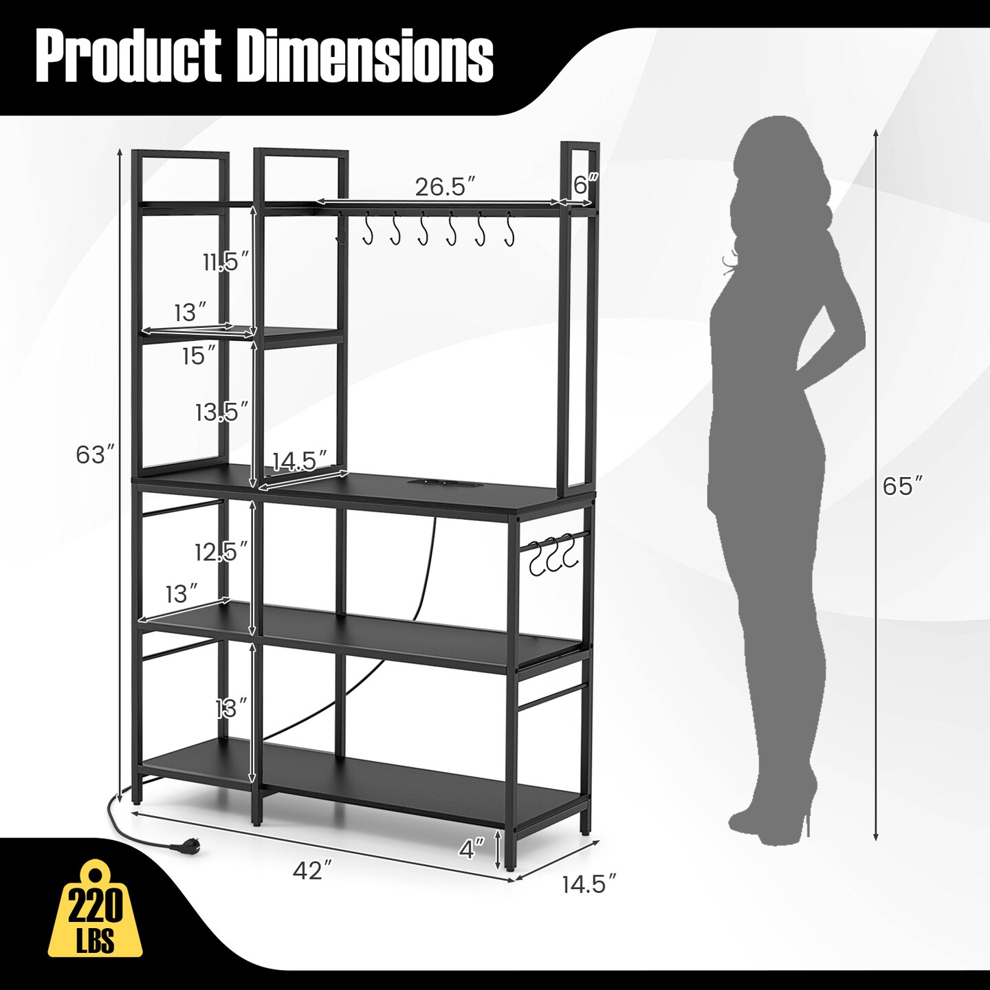 Metal and Wood Kitchen Backers Rack with Charging Ports, 5 Tiers and Anti-Tip Safety