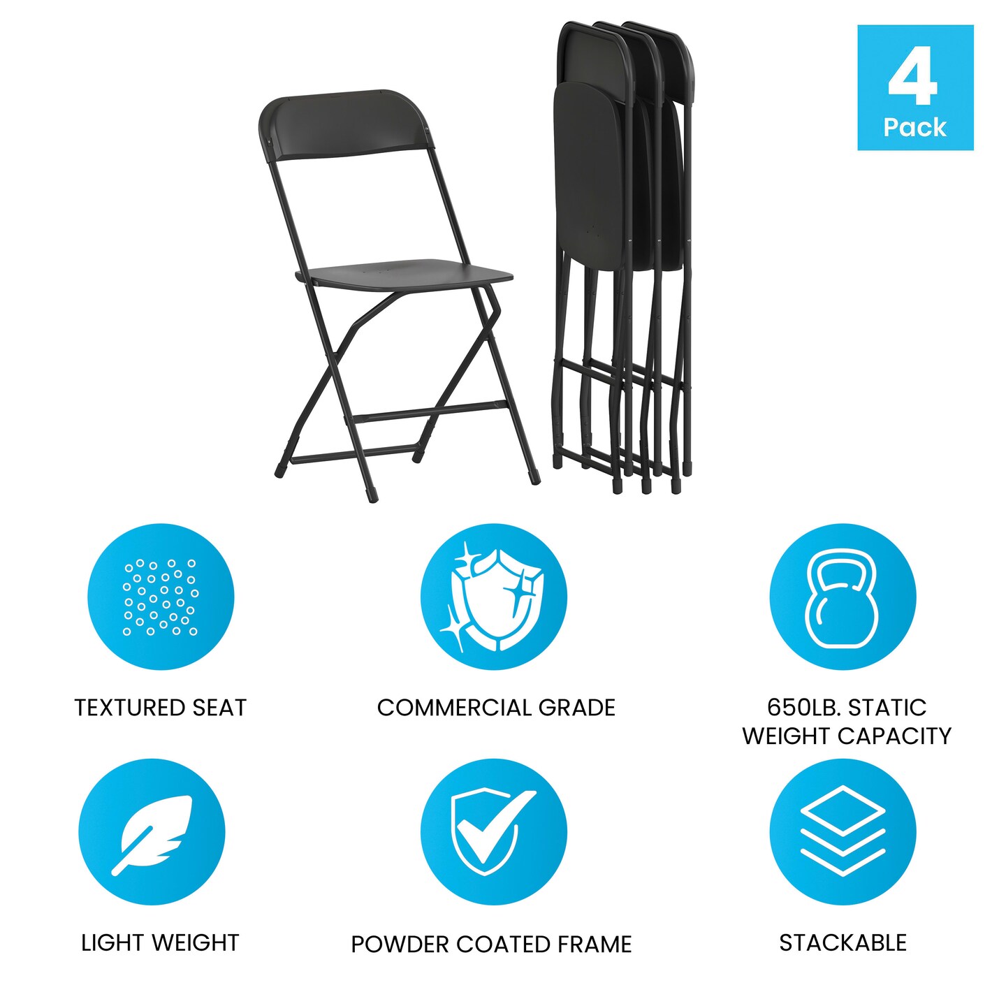 Emma and Oliver Plastic Folding Chair - 4 Pack 650LB Weight Capacity