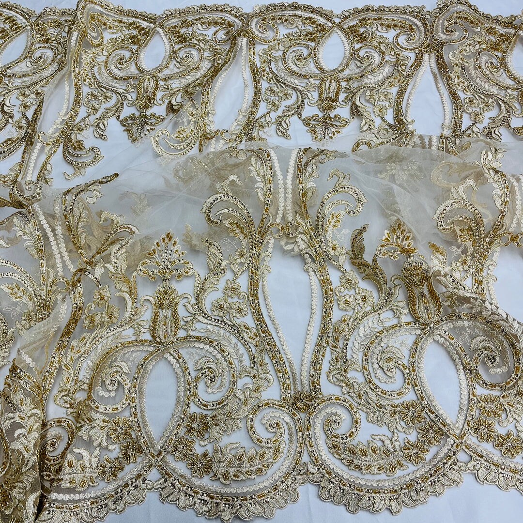 1 Yard Gold Metallic Beaded & Corded Bridal Lace Fabric, Embroidered 100% Polyester Net Mesh, 54" Wide