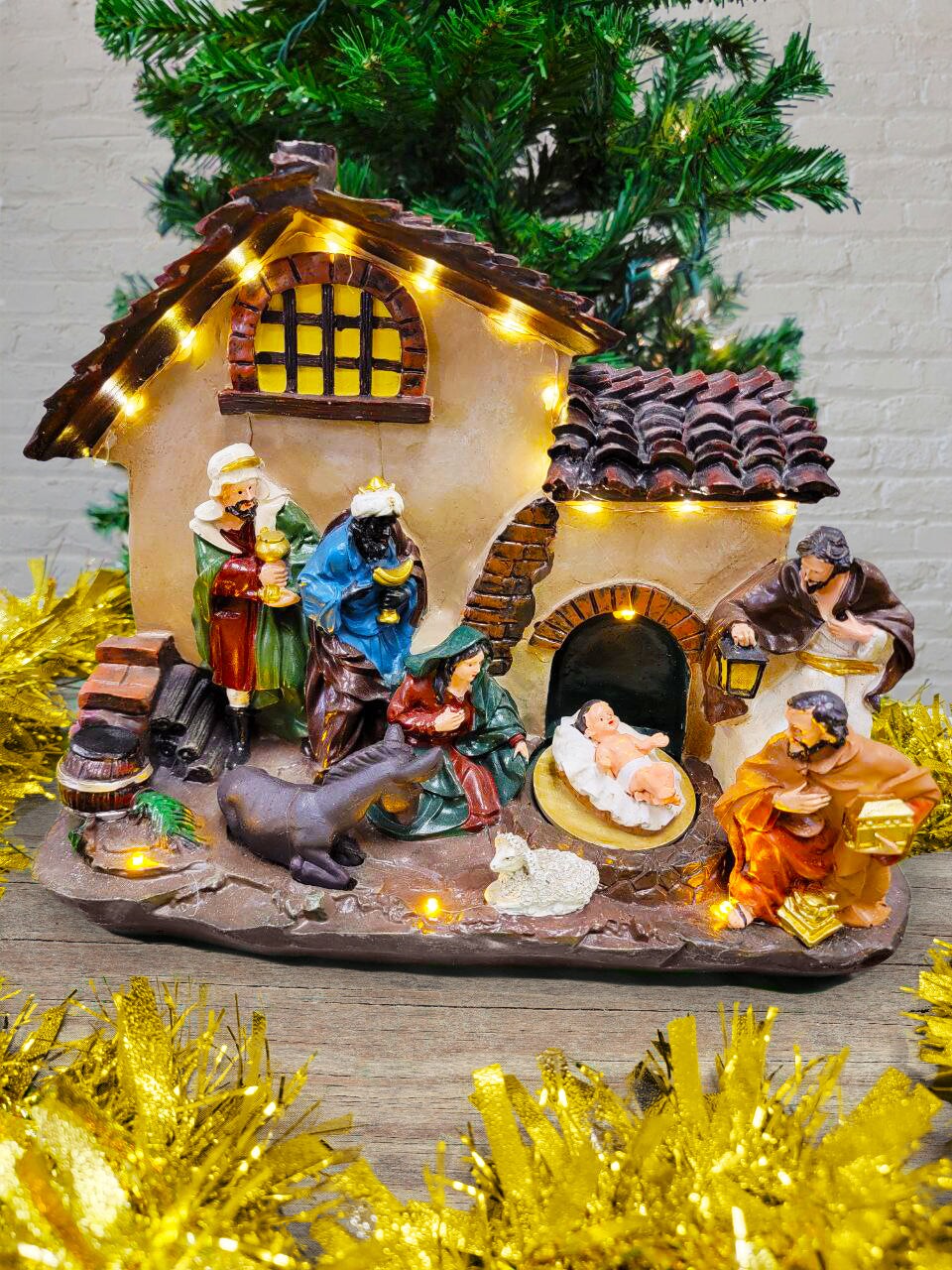 Christmas Village with LED Lights. Holy Family Scene