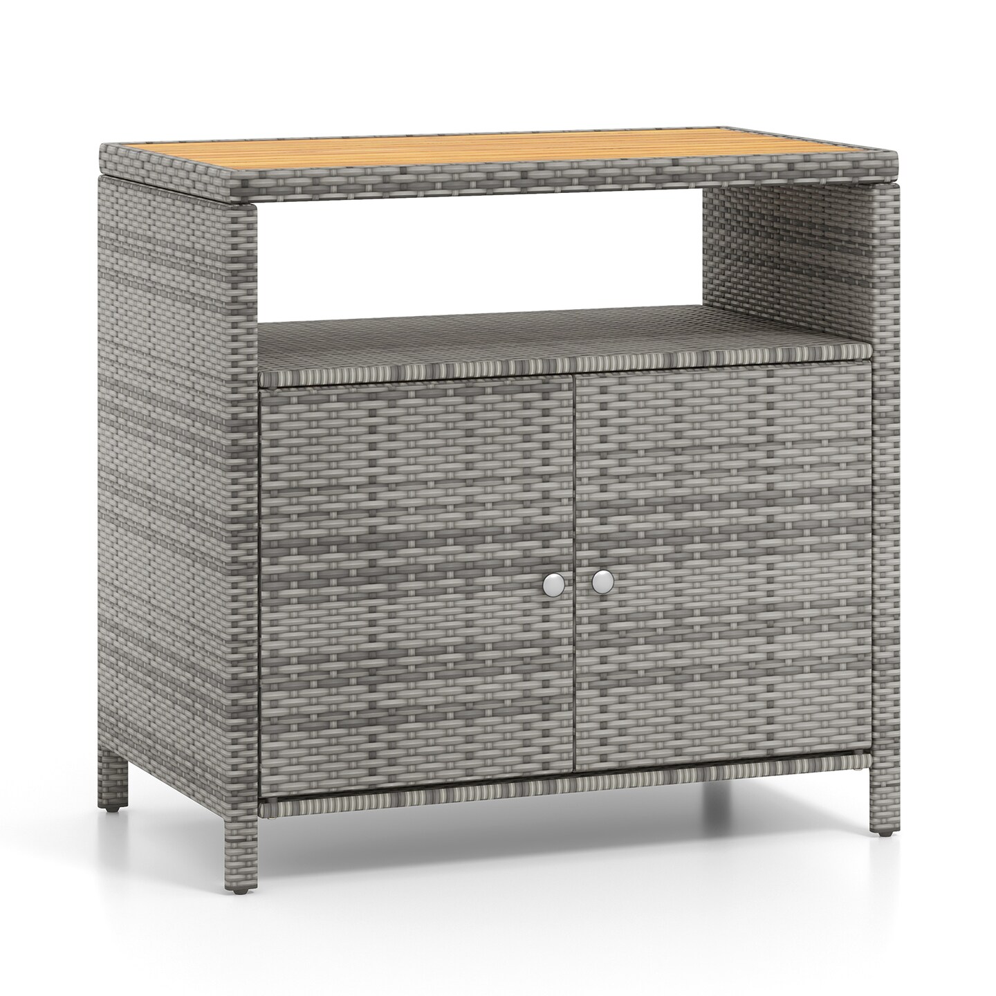 Rattan Storage Cabinet with Acacia Wood Countertop for Poolside Deck and Patio