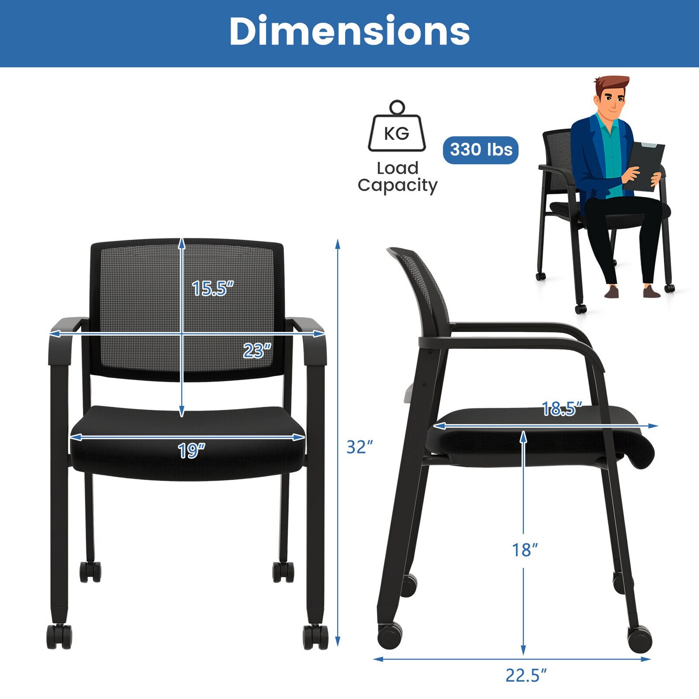 Set of 2 Stackable Rolling Office Chairs with Mesh Backrest-Black