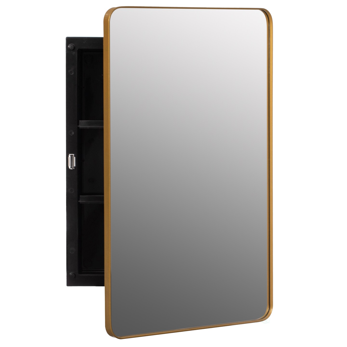 Basicwise Plastic Medicine Cabinet with Beveled Edge Mirror Door and Round Corner Metal Frame, Surface or Recessed Mount Options, Bathroom Wall Mounted Vanity Cabinet with 2 Adjustable Shelves
