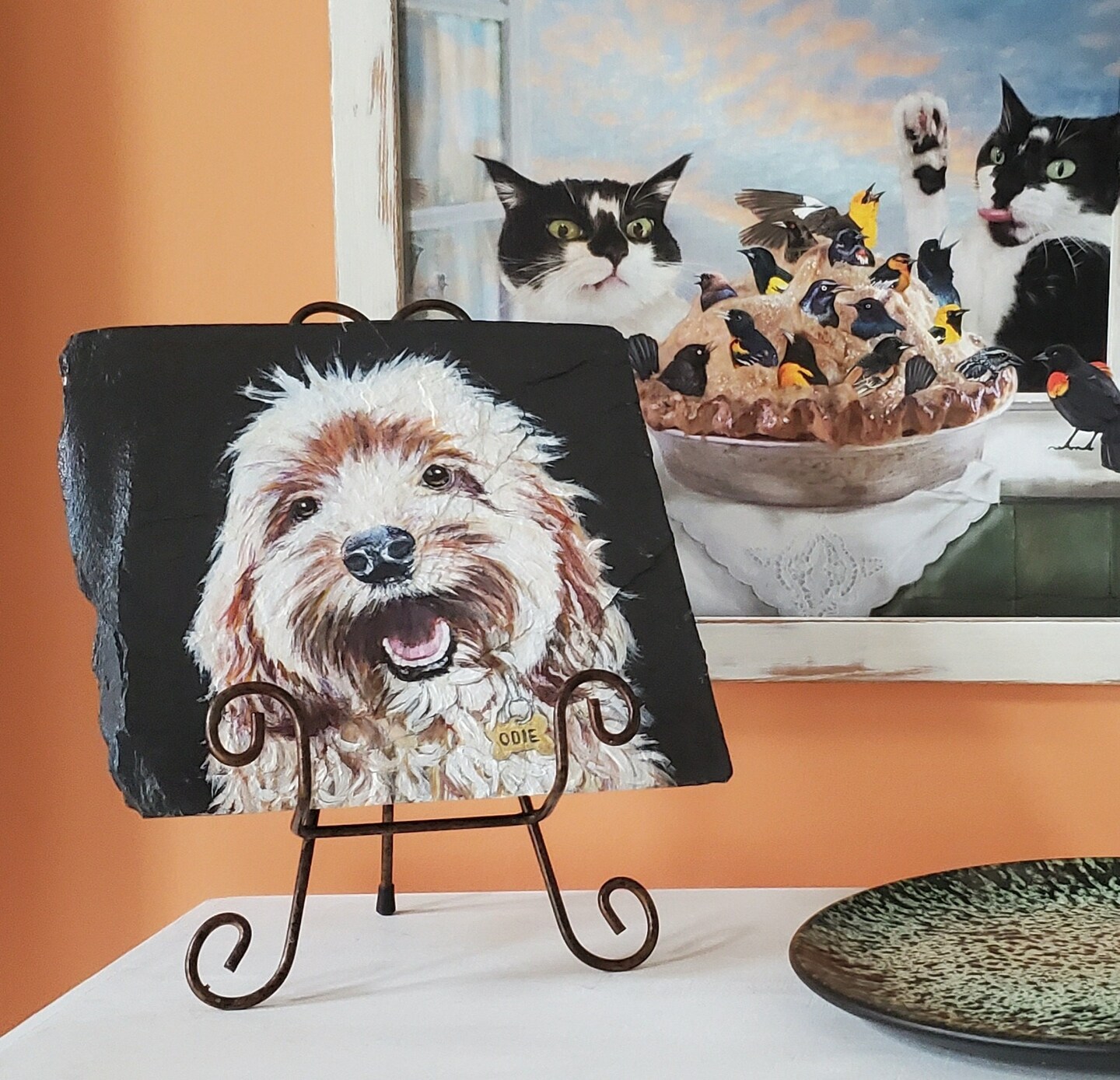 Pet portrait on rock - Custom hand painted realistic and selling detailed cat or dog portrait on a stone from your photos.