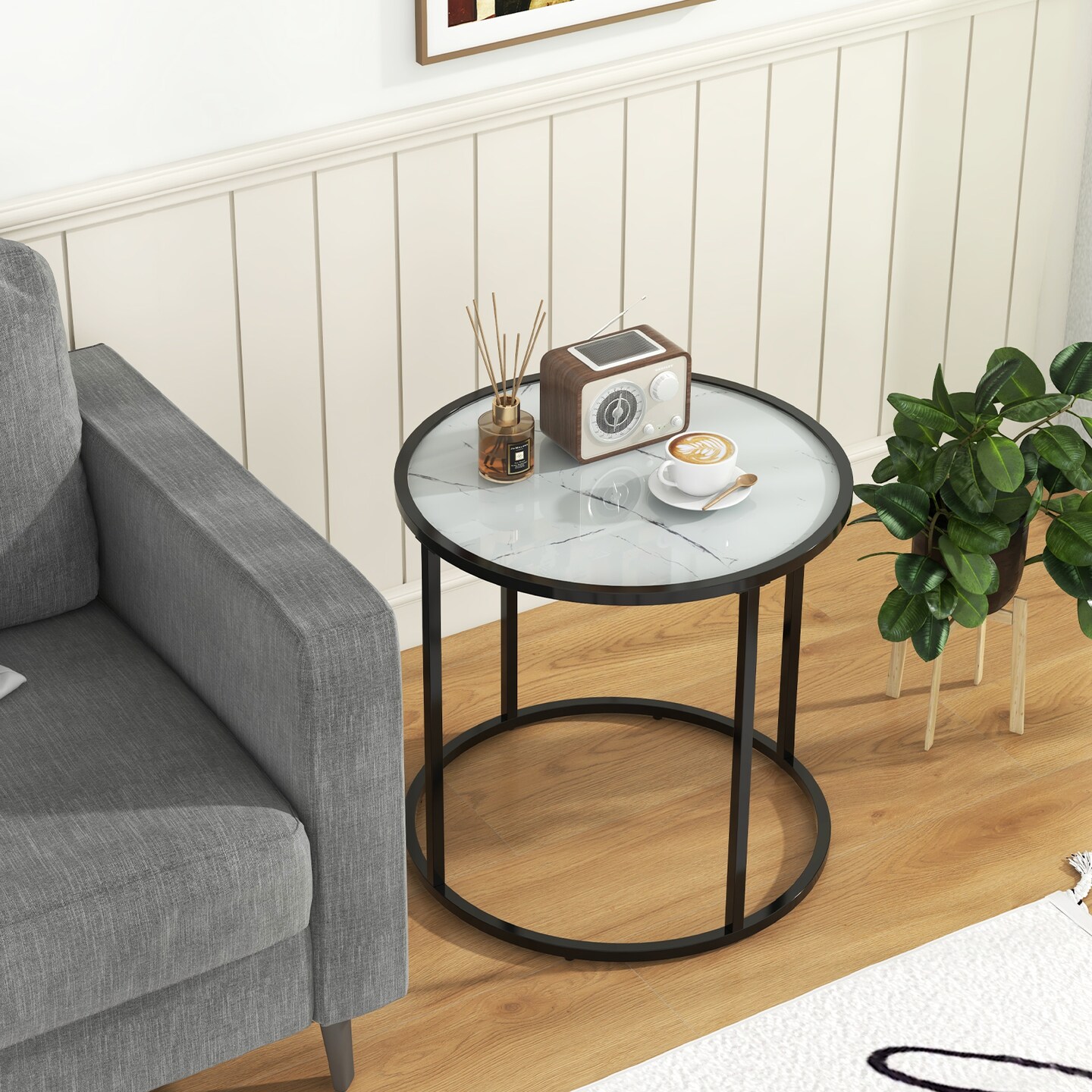 20 Inch Glass End Table with Metal Frame and Faux Marble Glass Top