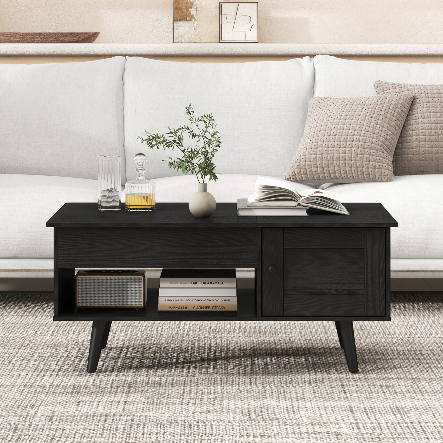 Modern Lift-Top Coffee Table with Hidden Compartment Open Shelf and Side Cabinet Wood Finish