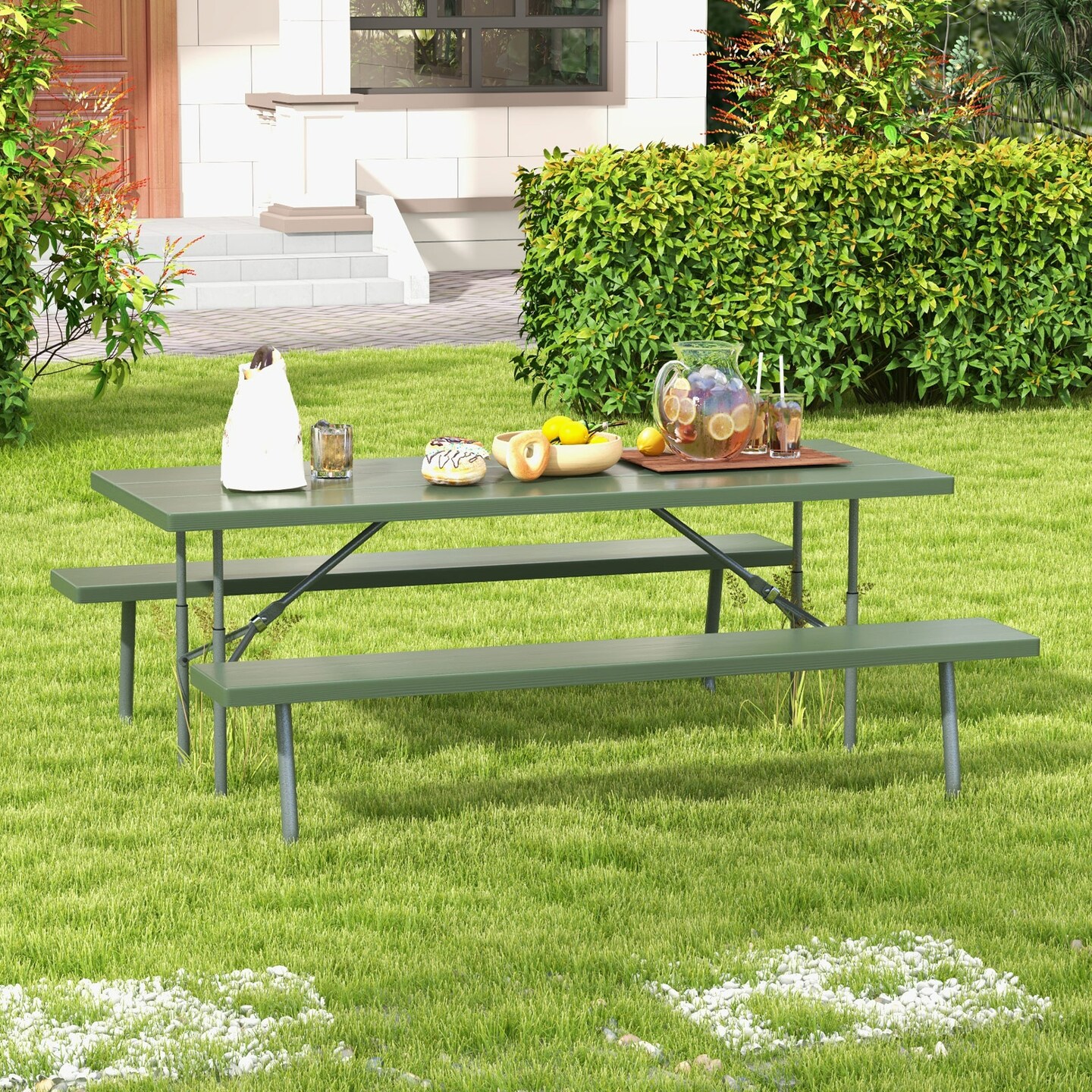 Folding Picnic Table Set with Metal Frame and All-Weather HDPE Tabletop, Umbrella Hole - 72&#x22; x 64&#x22; x 29&#x22; (L x W x H)