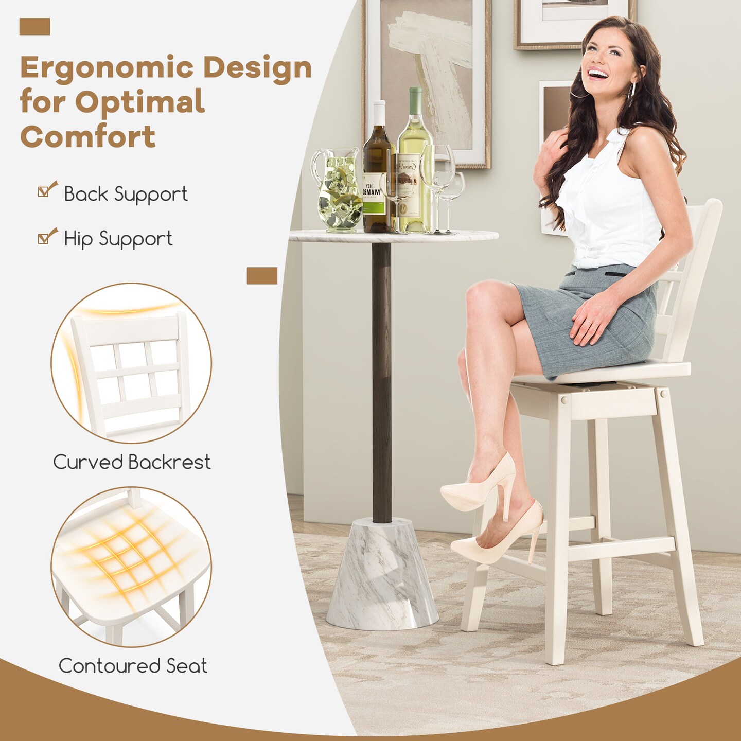 Set of 2 Counter Height Barstools with 6-Grid Hollow Back and Seat - 18" x 16" x 38"