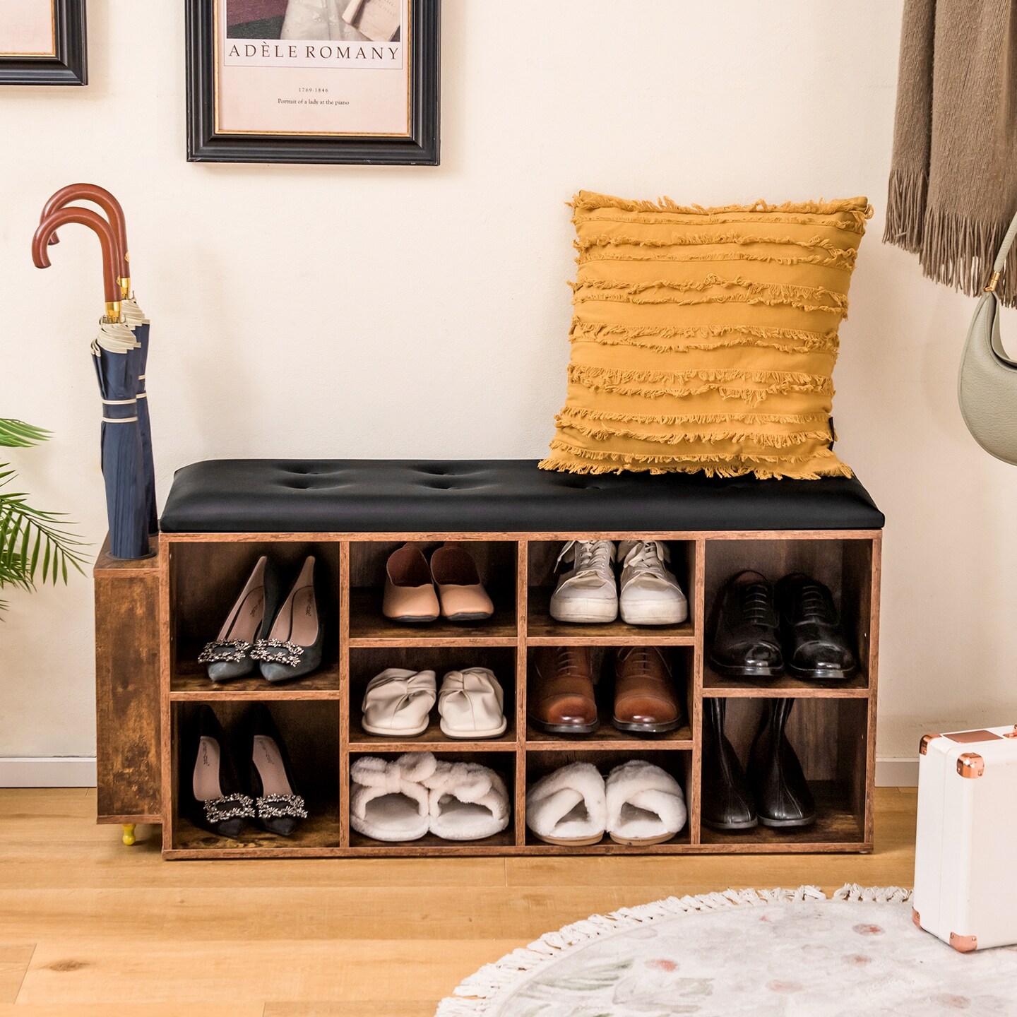 Shoe Storage Bench with Umbrella Stand and Adjustable Shelf-Rustic Brown - 43.5" x 12" x 20.5"