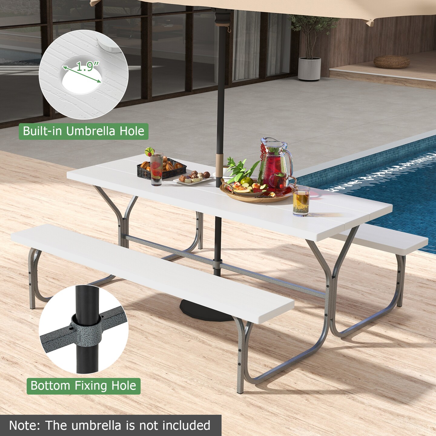 6 FT Picnic Table Bench Set Dining Table and 2 Benches with Metal Frame and HDPE Tabletop