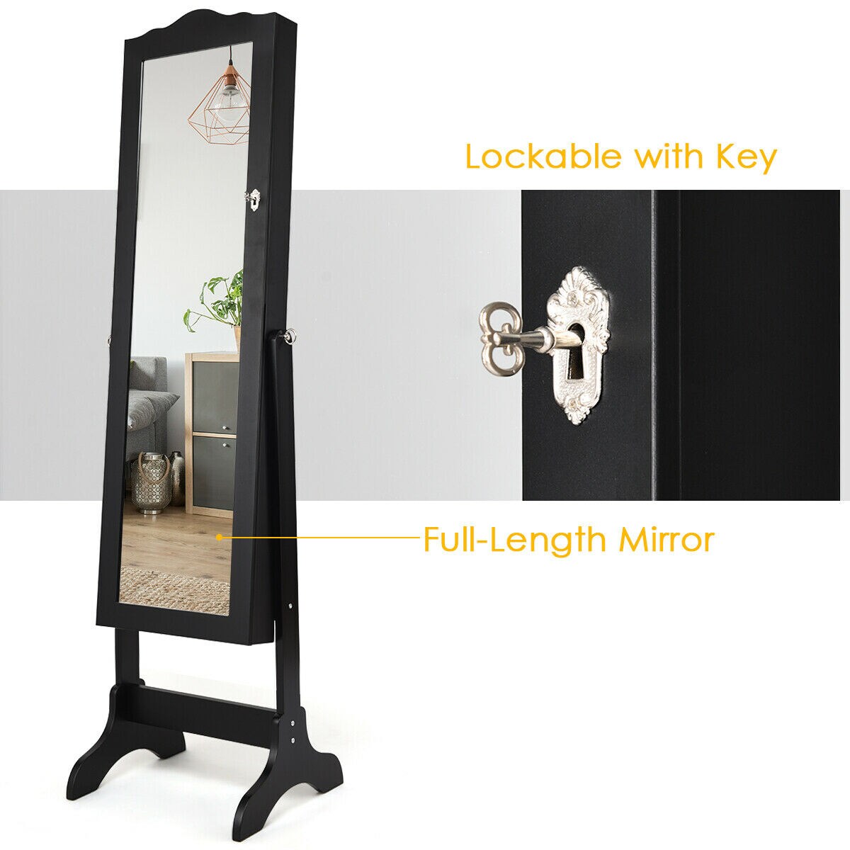 Multi-Shelf Black Jewelry Armoire with Glass Mirror Adjustable Tilt and Scratch-Resistant Lining