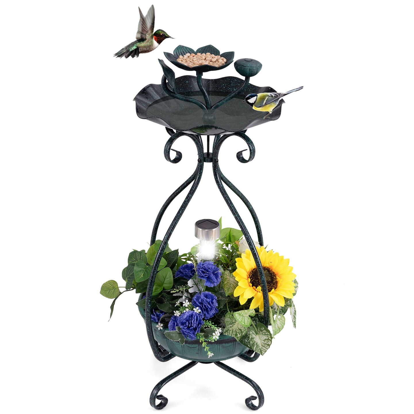 Solar Outdoor Bird Bath Feeder Combo with Flower Planter Pedestal and Solar Lights