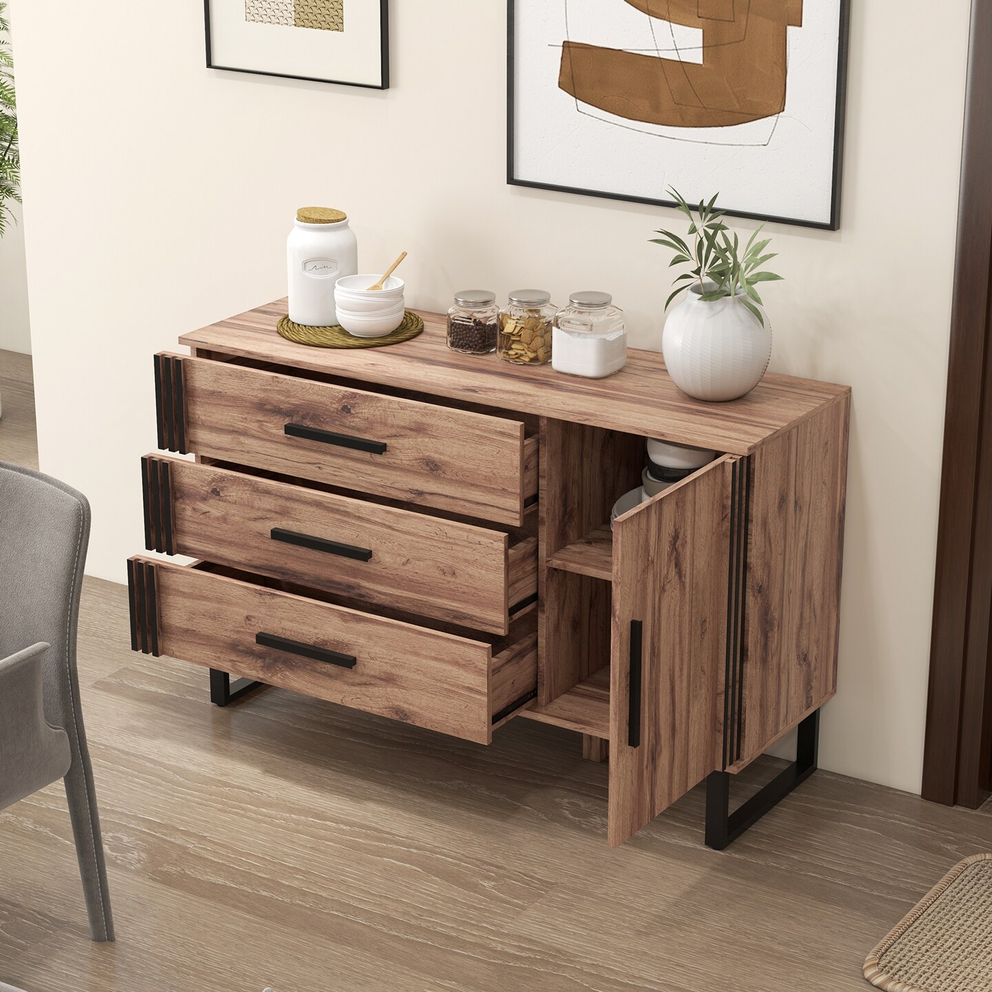 Slickblue Sideboard Buffet Cabinet Credenza Storage Cabinet with 3 Drawers-Rustic Brown