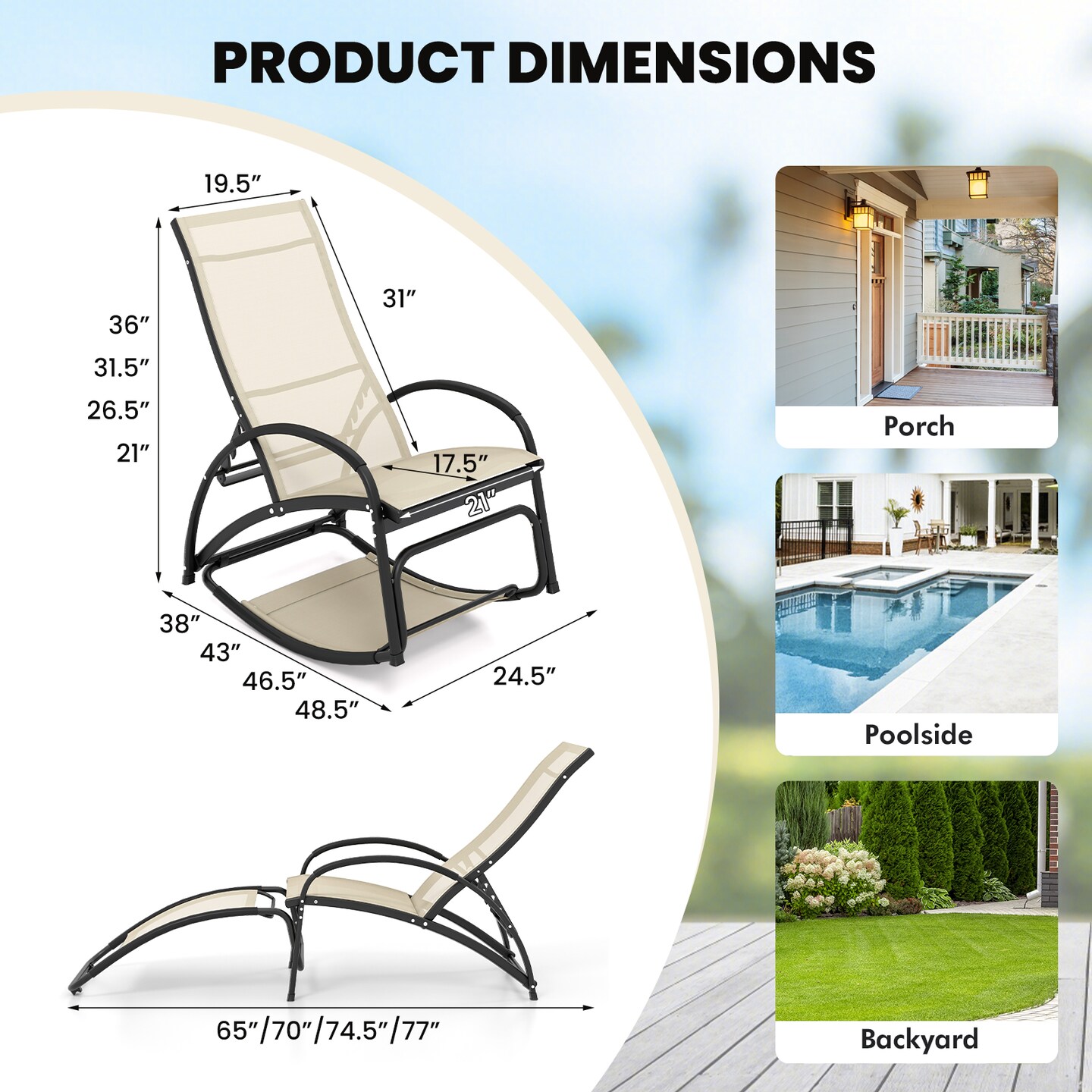 2-in-1 Outdoor Rocking Chair with 4-Position Adjustable Backrest for Patio Porch Poolside - 48.5 x 24.5 x 36 (L x W x H)