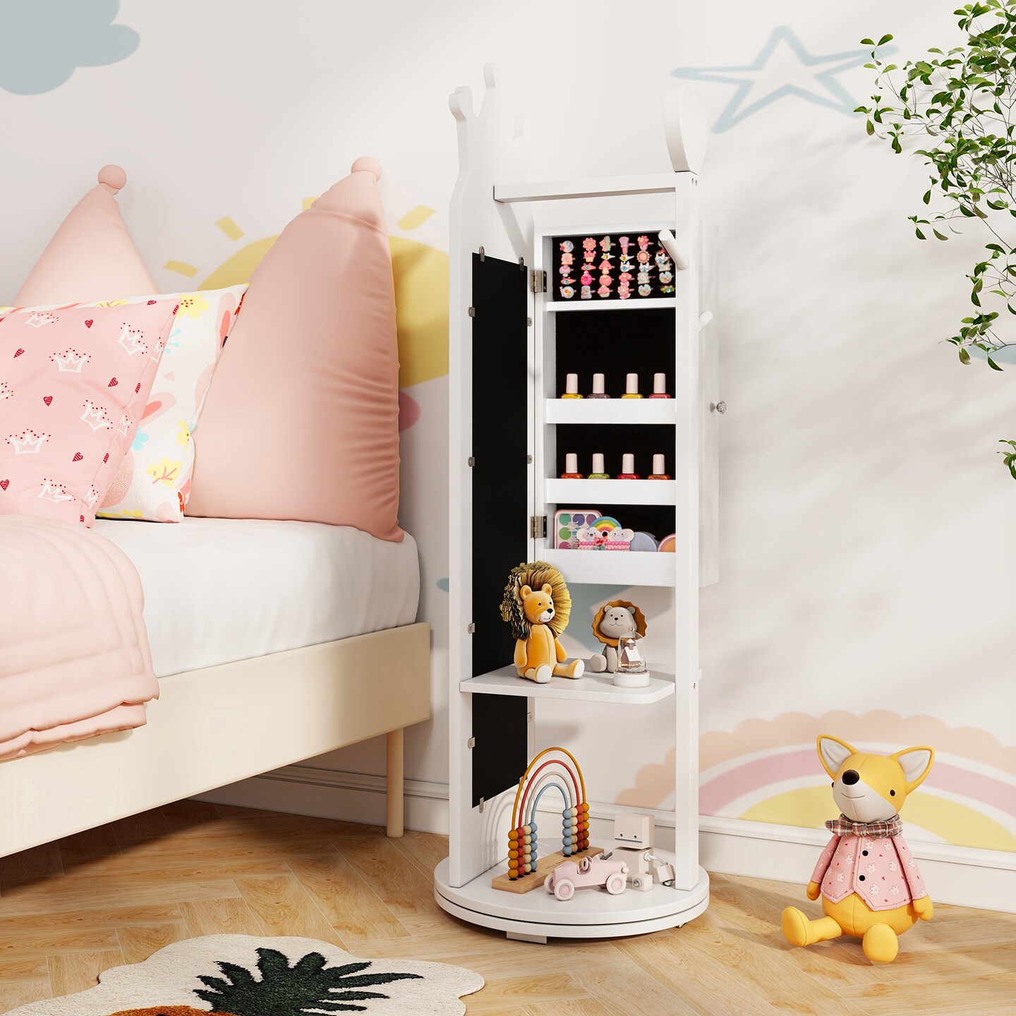 Free-Standing Full Length Mirror Kids Jewelry Armoire Cabinet - 14&#x22; L x 14&#x22; W x 44&#x22; H