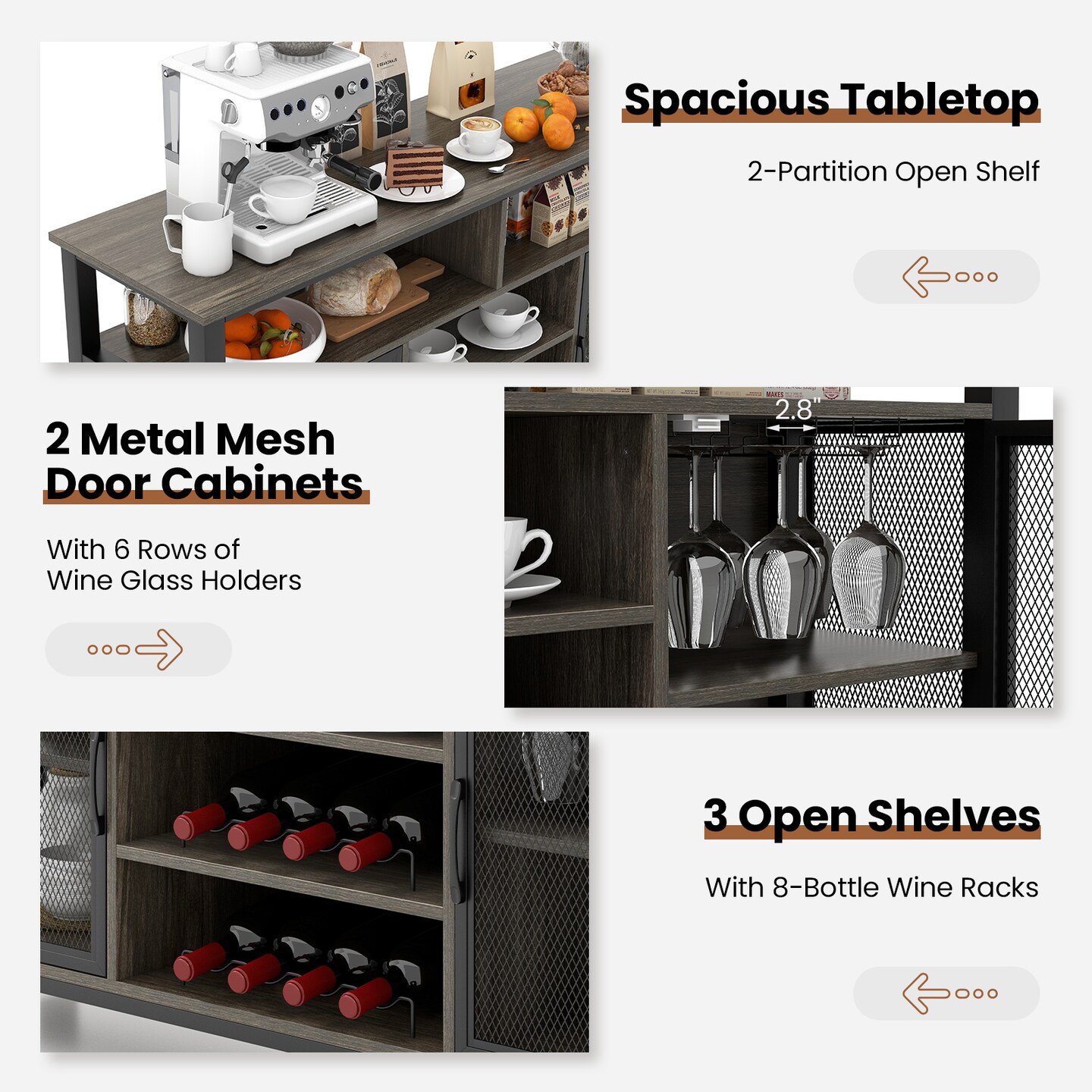 55-Inch Buffet Sideboard with 8-Bottle Wine Racks and Wine Glass Holders