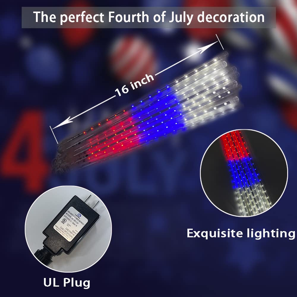 Aokudoni 4th of July Decorations Outdoor, 16 Inch Red White and Blue Meteor Shower Lights for Independence/National/Memorial Day, LED Christmas Lights Outdoor for Yard Garden Tree Holiday Party