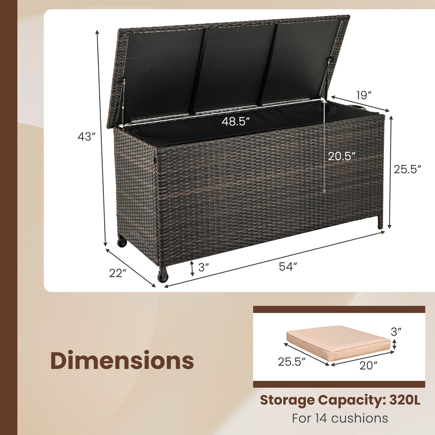 Indoor Outdoor 85 Gallon Storage Container with Waterproof Liner and Universal Wheels