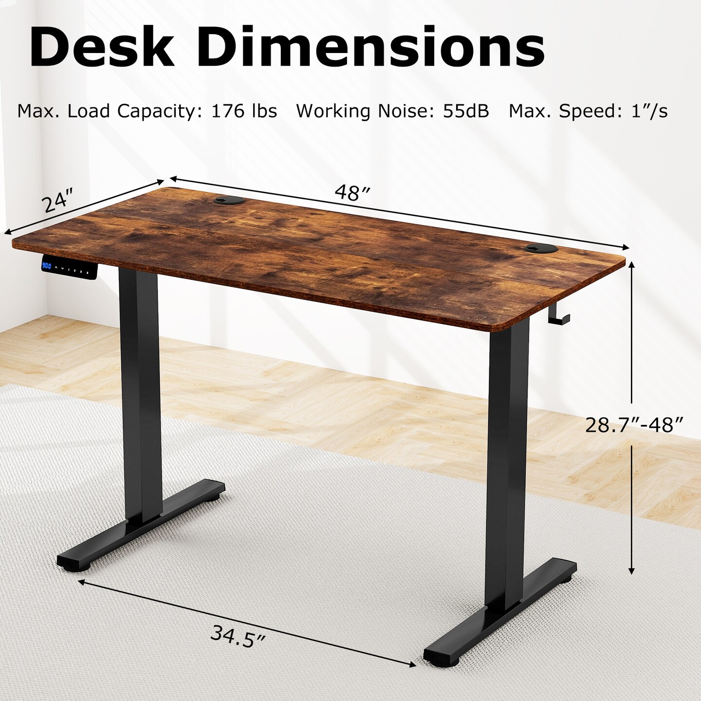 Adjustable Electric Standing Desk with 3 Memory Height Settings, Cable Management, and Hooks