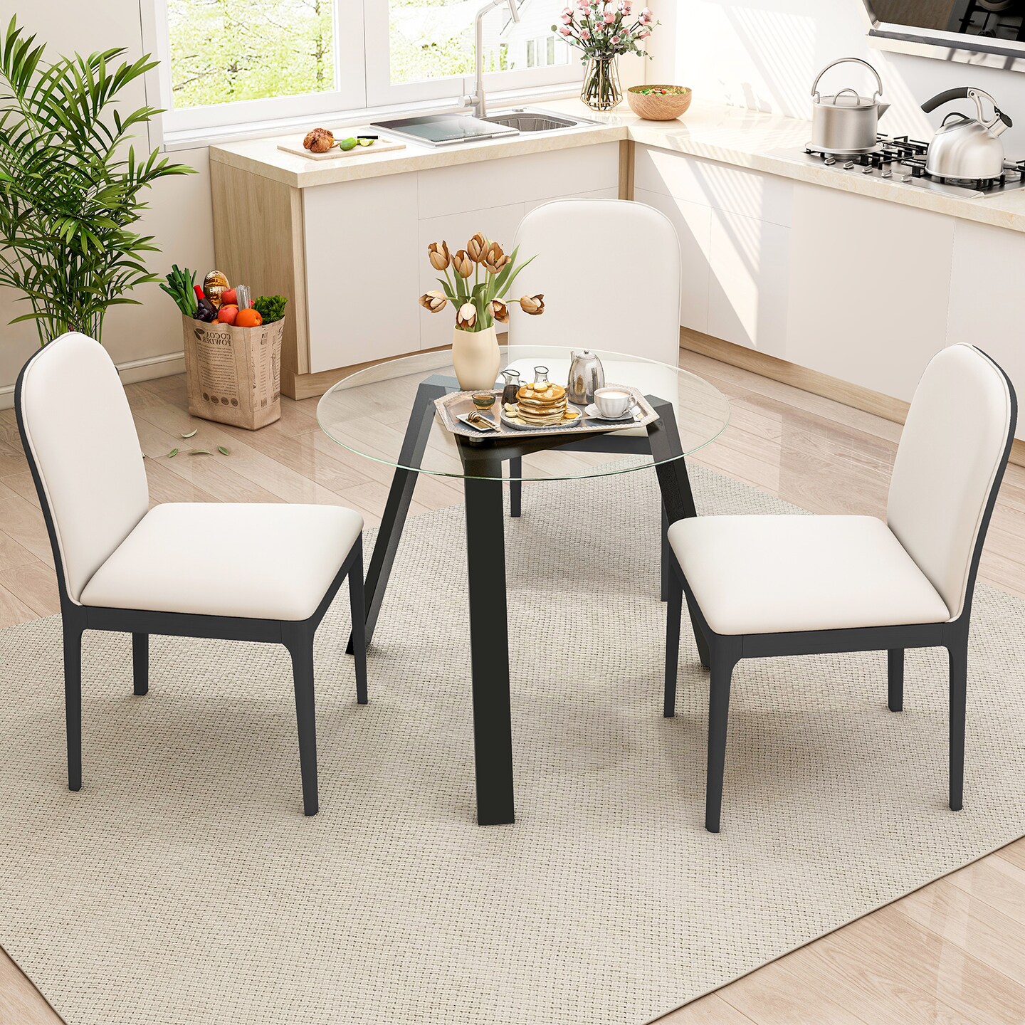 36 Inches Round Glass Dining Table for 4 with Rubber Wood Frame-Natural - 36&#x22; x 36&#x22; x 29&#x22;