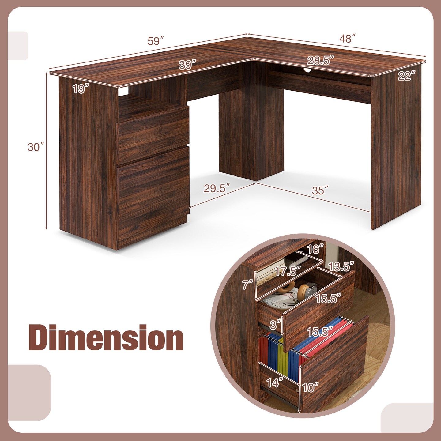 L-Shaped Computer Desk with Letter File Drawer