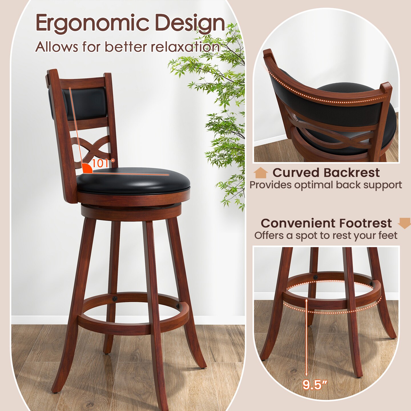 Set of 2 Swivel Chairs with Rubber Wood Frame and Faux Leather Upholstery