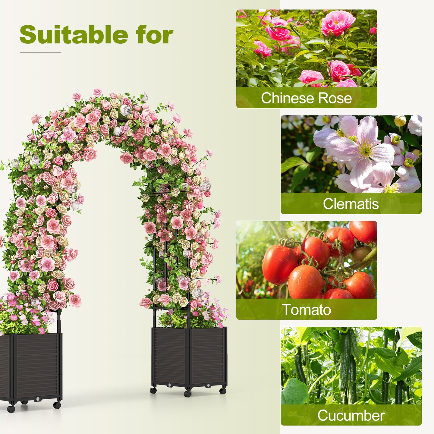 6.6 Feet Arch Arbor Trellis with 2 Planter Boxes &#x26; Detachable PE-Coated Metal Tubes-Black