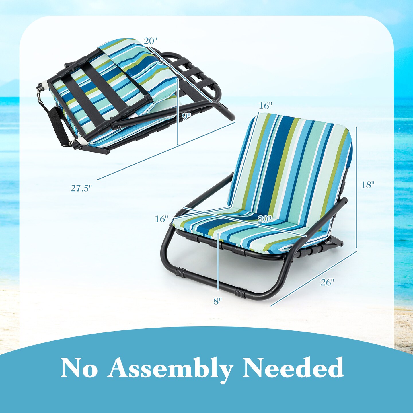 2 Pack Low Folding Beach Chairs for Adults with Cushion-Blue - 26" x 20" x 18"