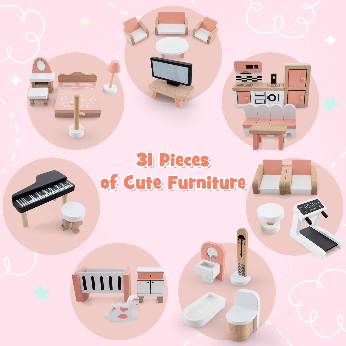 3-Tier Wooden Dollhouse for Kids Aged 3-8 Years Old with 32 Pieces of Accessories - 39.5" x 19" x 33.5" (L x W x H)