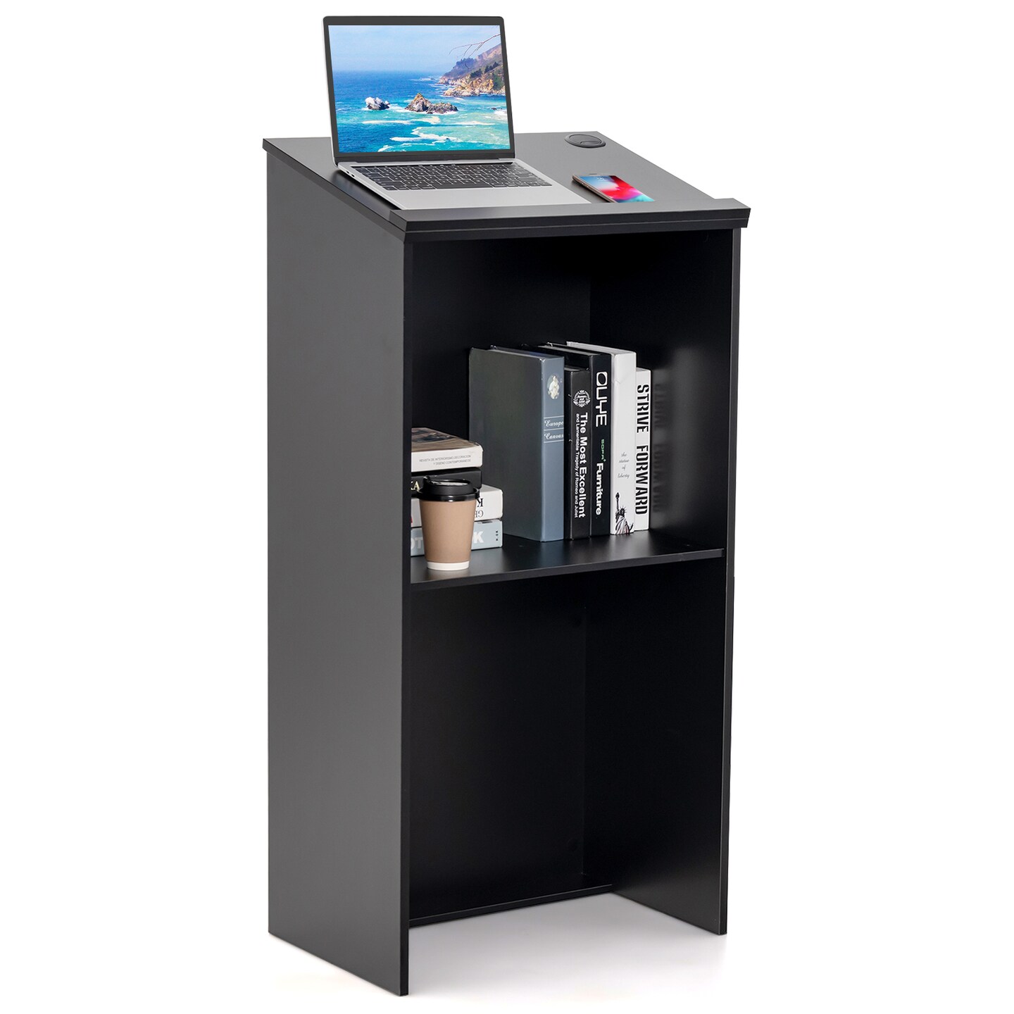 Black Wooden Floor Standing Podium Speaking Lectern with Adjustable Shelf