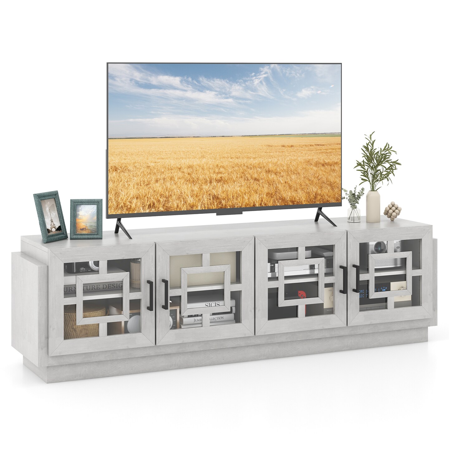 Large TV Stand for 75 Inch TV Media Console 4 Door Cabinet with Cable Management Oak White