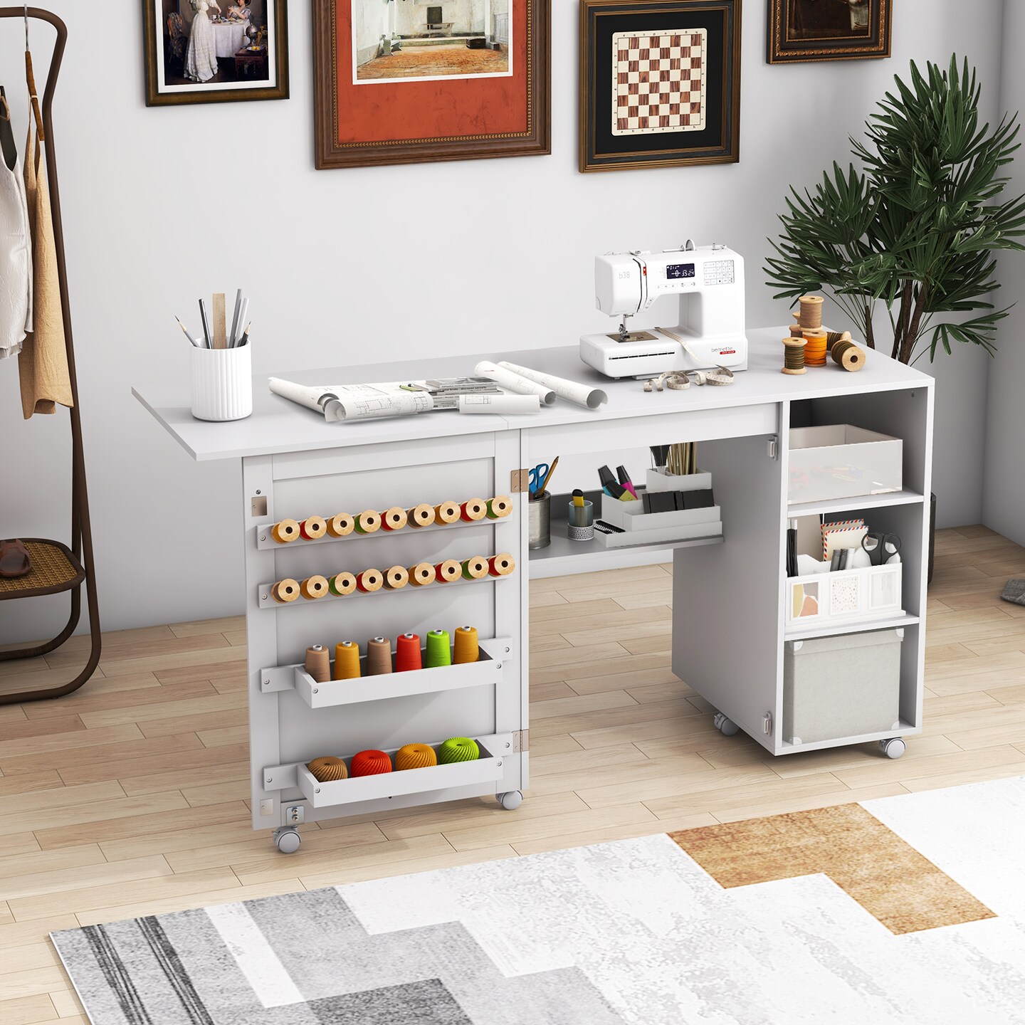 Multifunctional Folding Sewing Machine Craft Station with Storage Shelves for Easy Organization