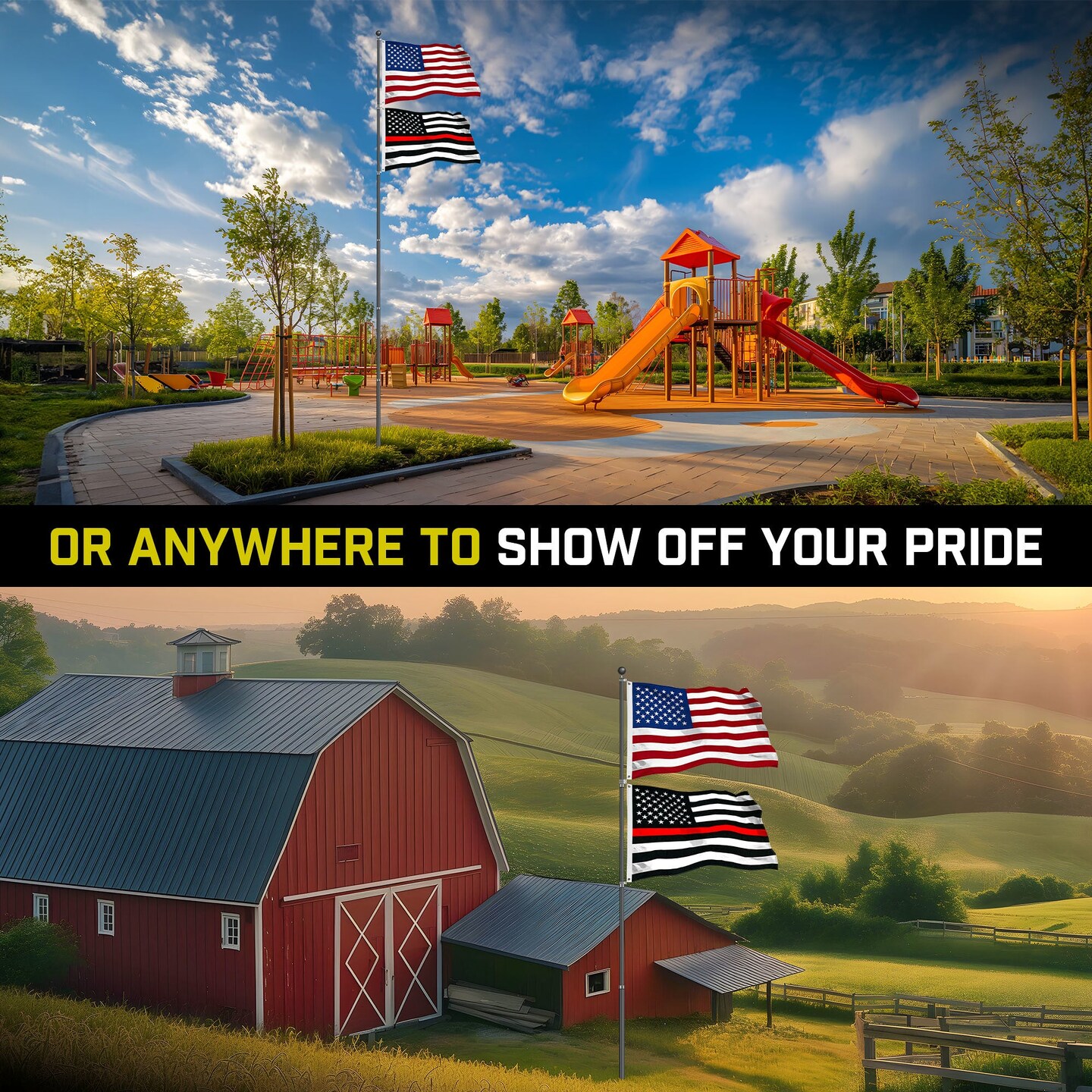 G128 Combo Pack: 25 Ft Telescoping Aluminum Flagpole (Black) &#x26; American and Thin Red Line Flags 3x5 Ft, Both StormFlyer Series Embroidered 220GSM Spun Polyester | Pole with Flags Included