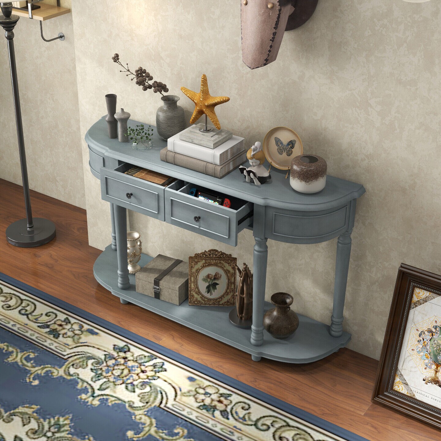 52&#x22; Retro Console Table with 2 Drawers and Open Shelf Entryway Sofa Table-Blue