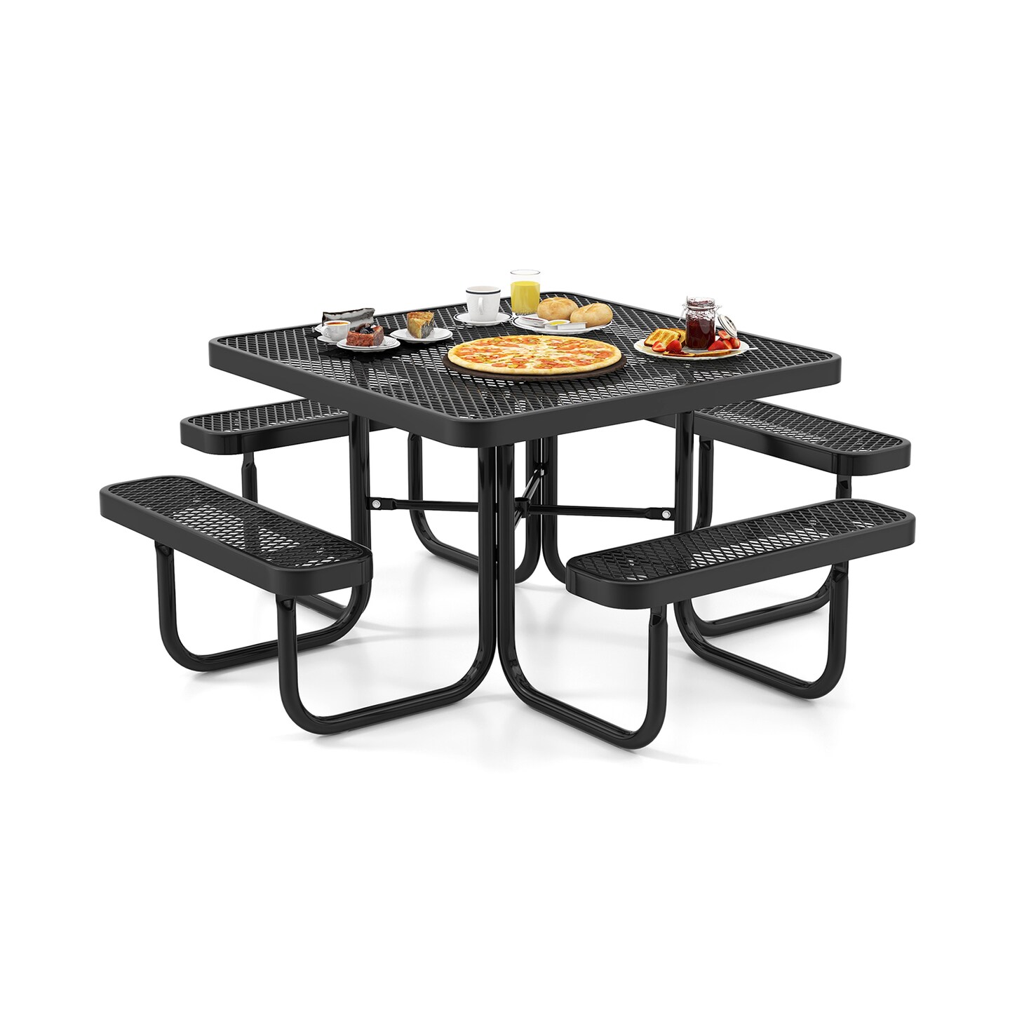 Square Picnic Table and Bench for 8 Person with Seats and Umbrella Hole - 76&#x22; x 76&#x22; x 30&#x22; (L x W x H)