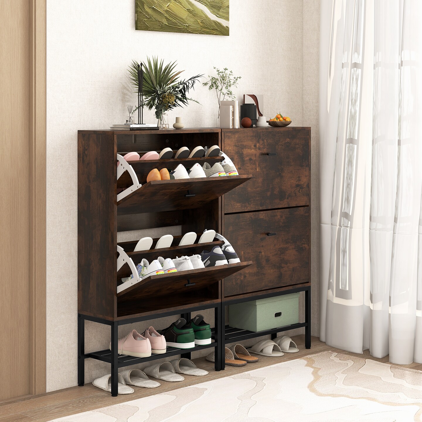 Industrial Shoe Storage Cabinet with 2 Flip Drawers and 1 Bottom Metal Shelf - 23.5 x 9.5 x 42 inch (L x W x H)