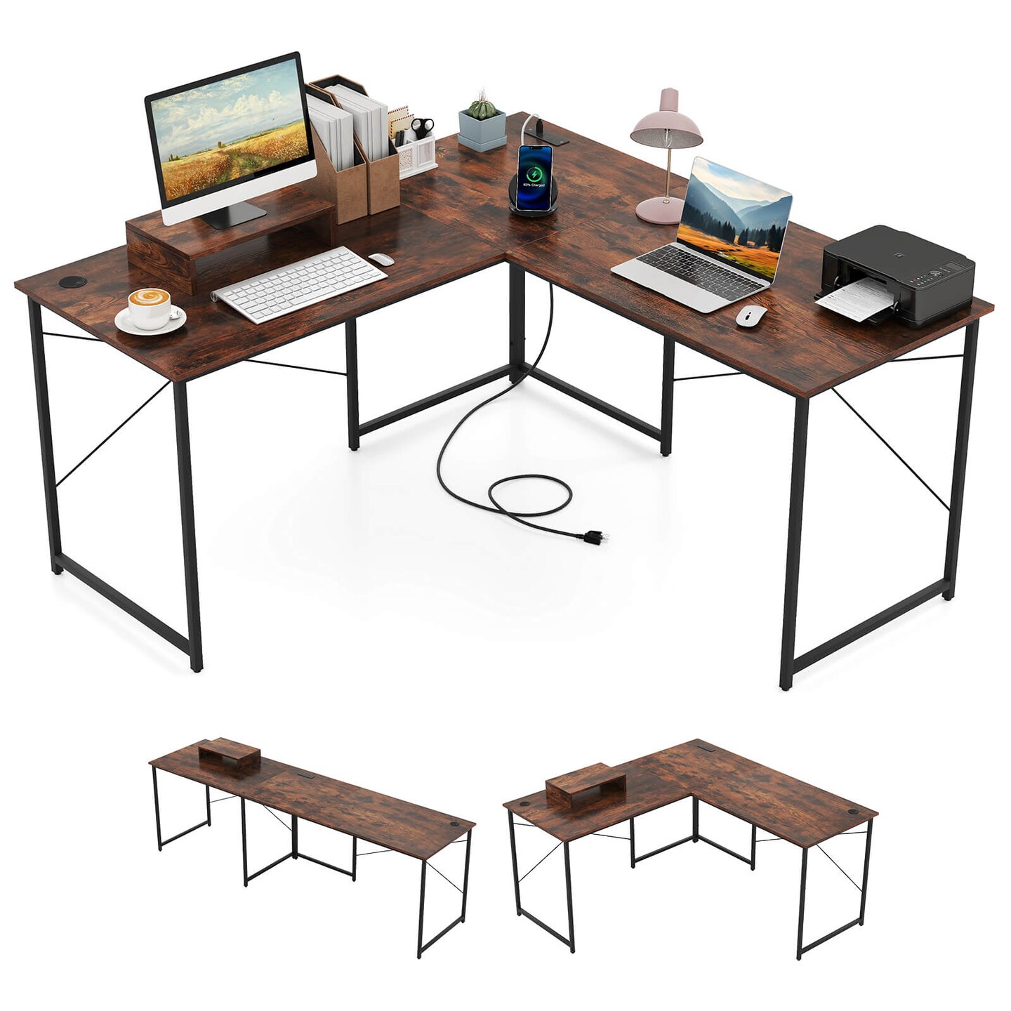 Costway L-Shaped Reversible Computer Desk 2-Person Long Table w/Monitor Stand