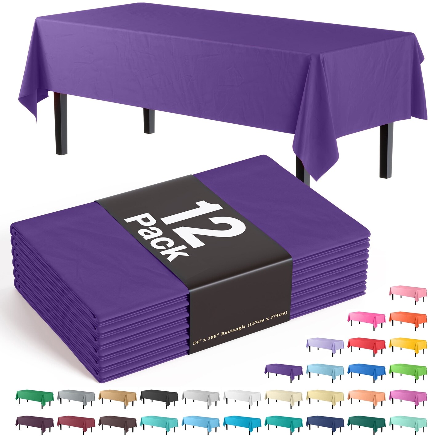 Exquisite 12-Pack Premium Plastic Tablecloth 54in. x 108in. Rectangle Plastic Table Cover