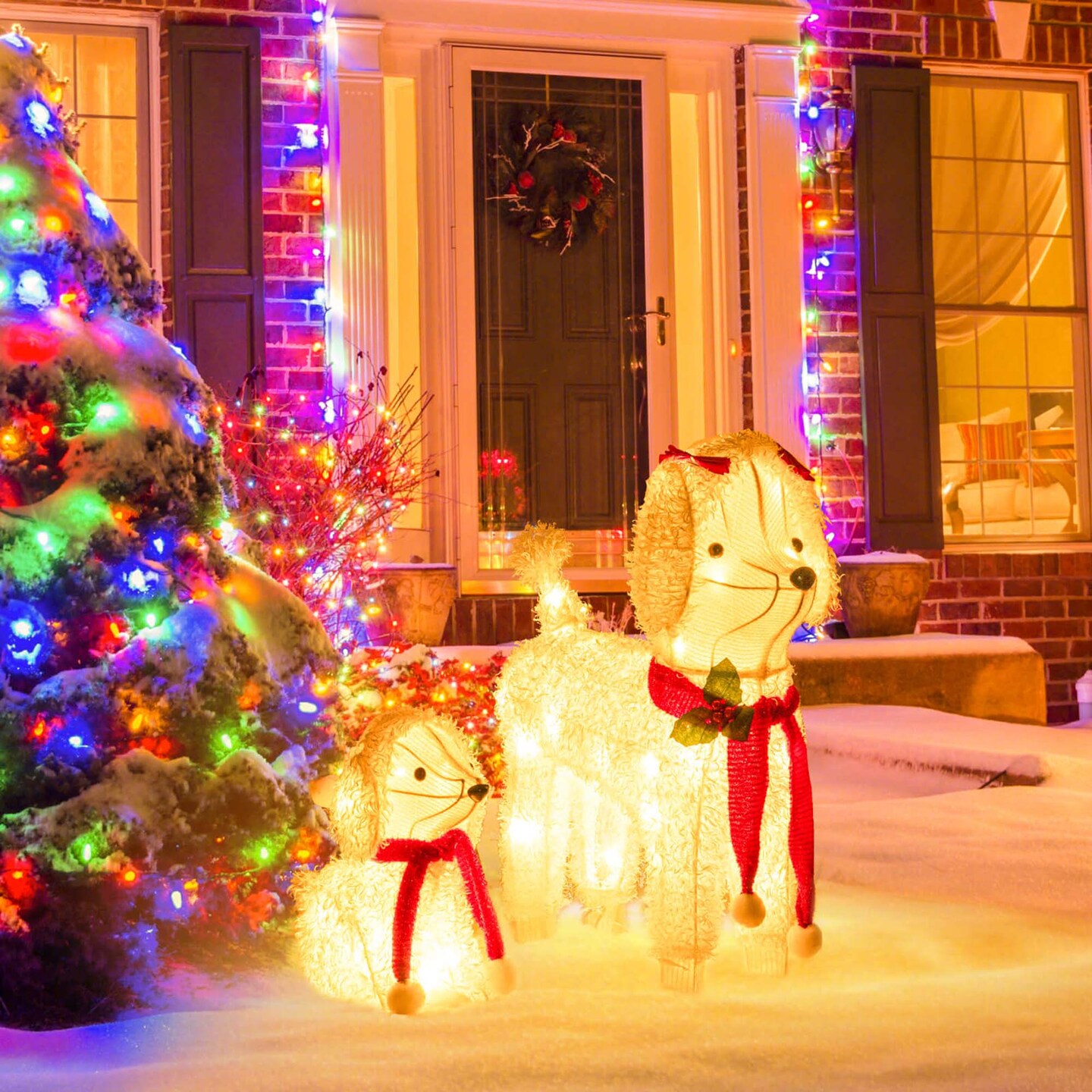 Costway Pre-lit Mama &#x26; Baby Poodle Dogs 60 Warm White LED Lights Red Hat &#x26; Scarf