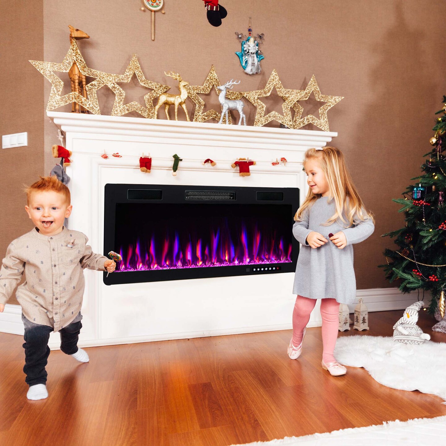 Costway 40"/50"/60" Linear Electric Fireplace 1500W Recessed Wall-Mounted with Multi-Color Flame