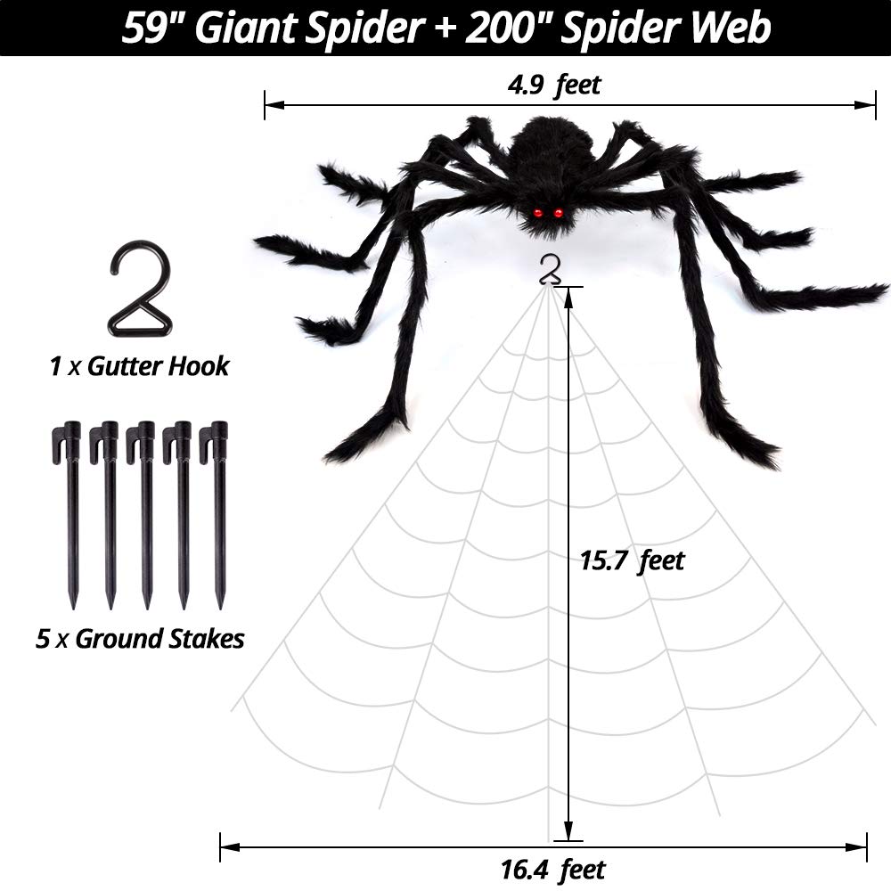 200&#x22; Halloween Spider Web + 59&#x22; Giant Spider Decorations Fake Spiders with Triangular Huge Spiders Web for Indoor Outdoor Halloween Decorations Yard