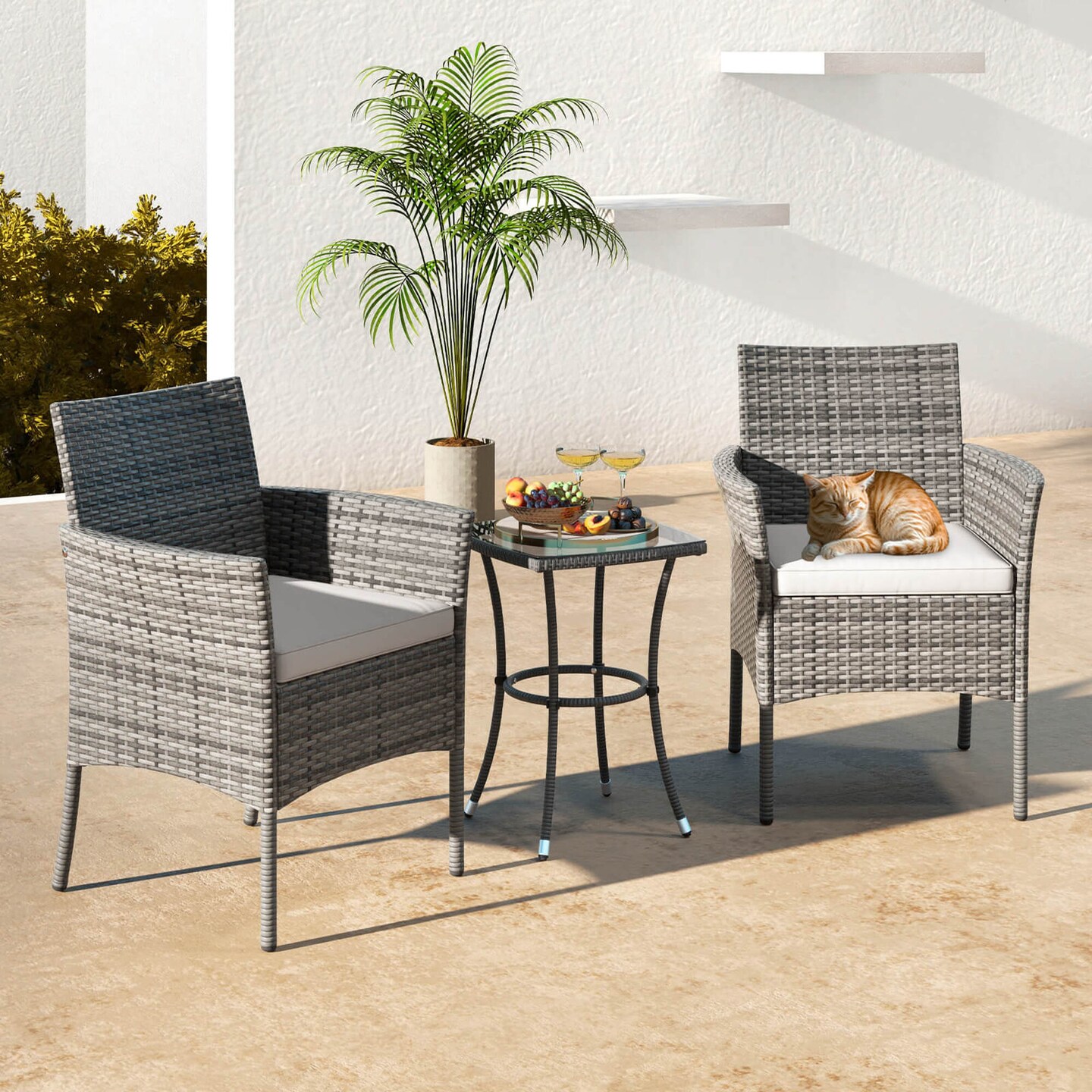 Costway Set of 2 Patio Rattan Arm Dining Chair Cushioned Sofa Furniture White