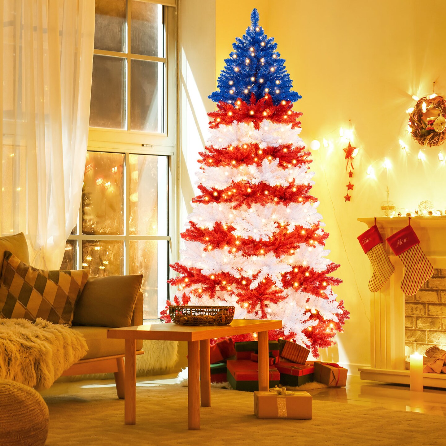 Costway 7.5 FT Patriotic Pre-Lit Artificial Christmas Tree with 1341 Branch Tips 480 Lights