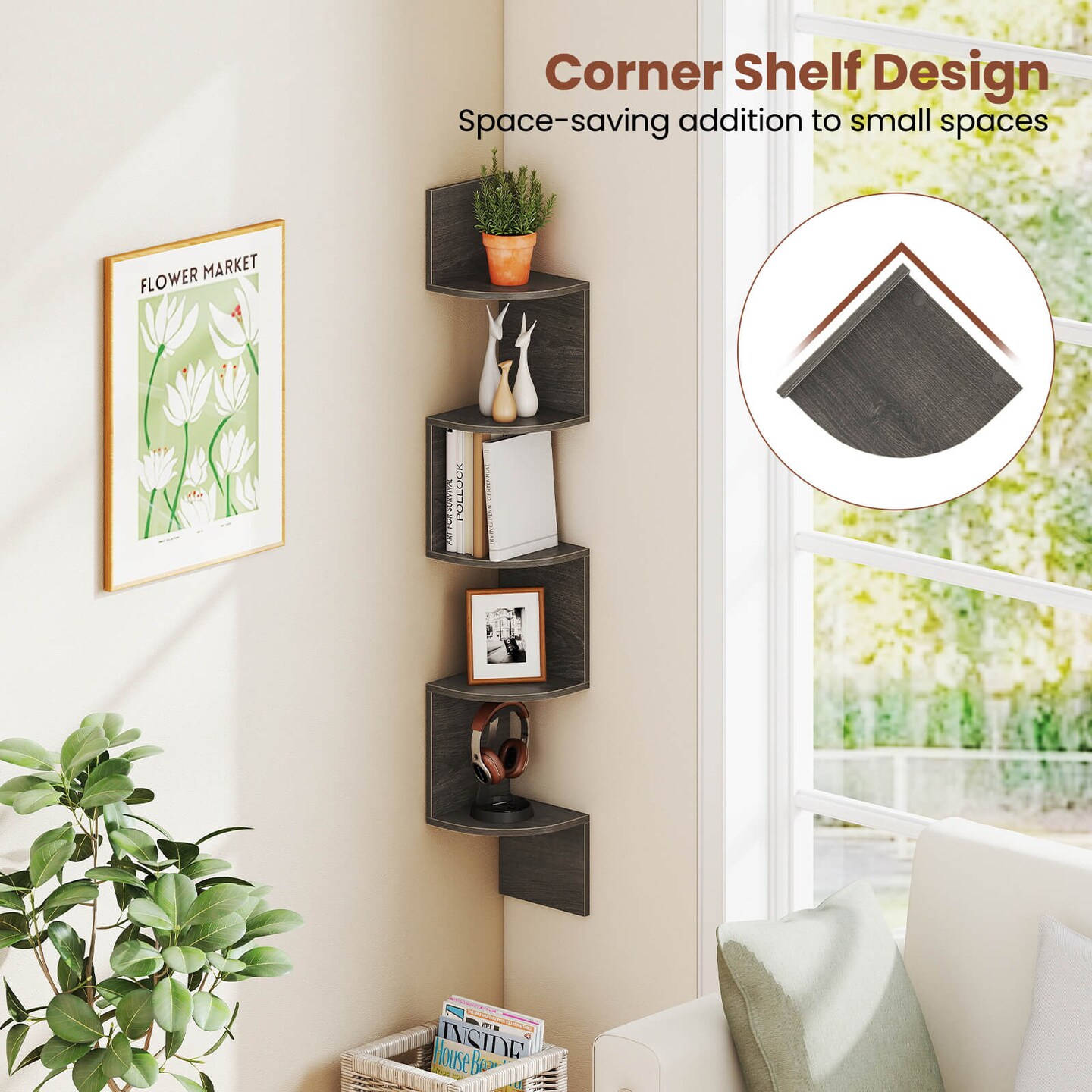 Costway 1/2 PCS 5-Tier Floating Bookshelf with Safe Round Edge Space-Saving Plant Display Shelf Brown/White/Gray