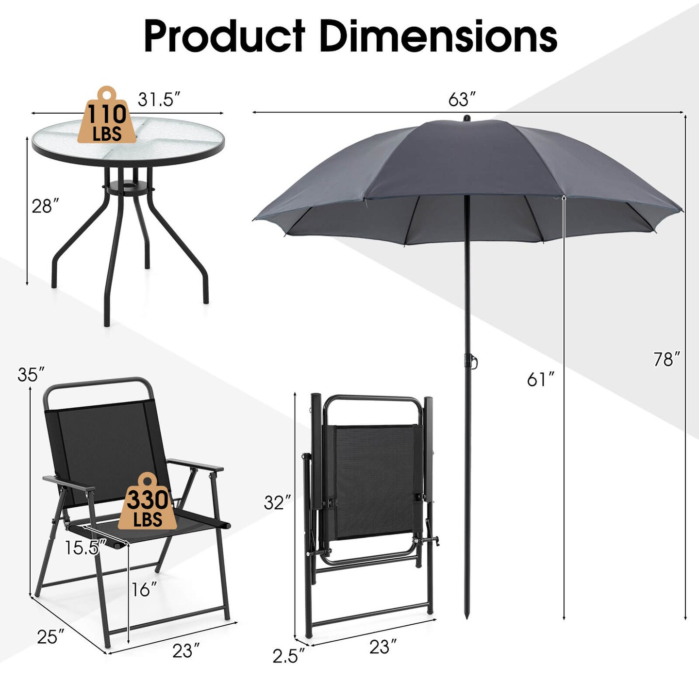 Costway 6 PCS Patio Dining Set Folding Chairs Glass Table Umbrella Garden