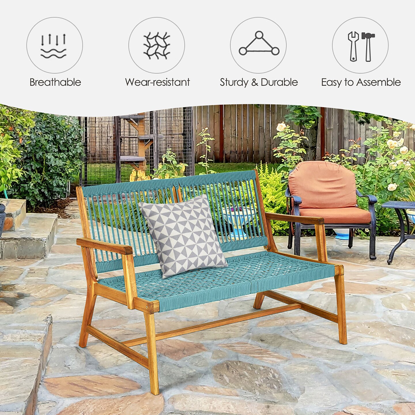 Costway 2-Person Patio Acacia Wood Bench Loveseat Chair Garden Furniture Black\\Grey\\Turquoise