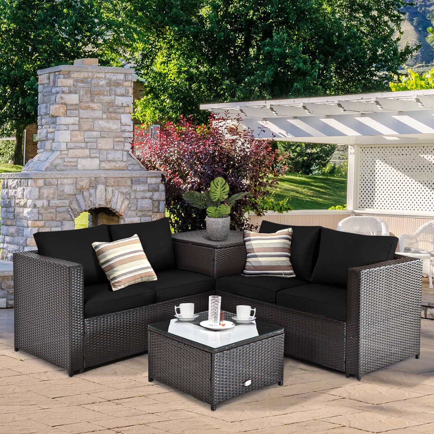 Costway 4PCS Outdoor Patio Rattan Furniture Set Cushioned Loveseat Storage Table Red/Turquoise/Black