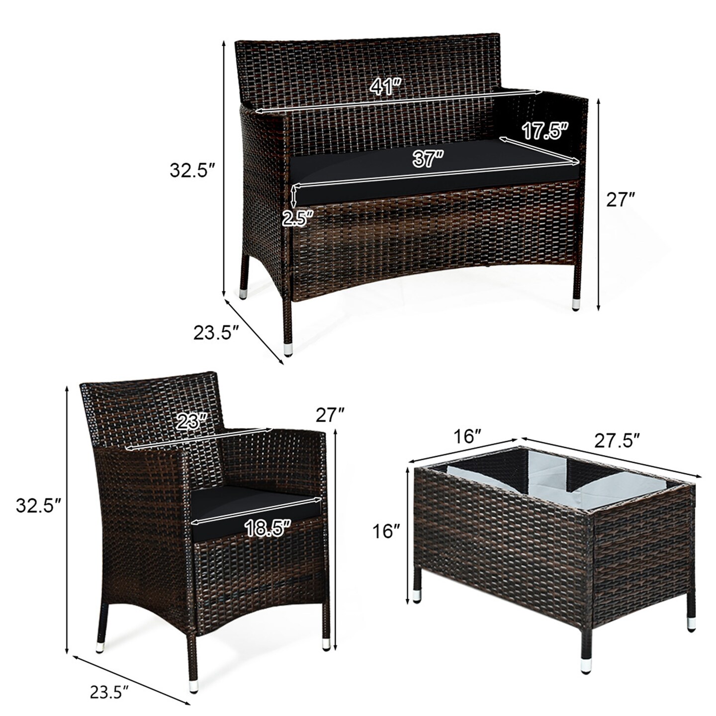 Costway 4PCS Rattan Patio Furniture Set Cushioned Sofa Chair Coffee Table