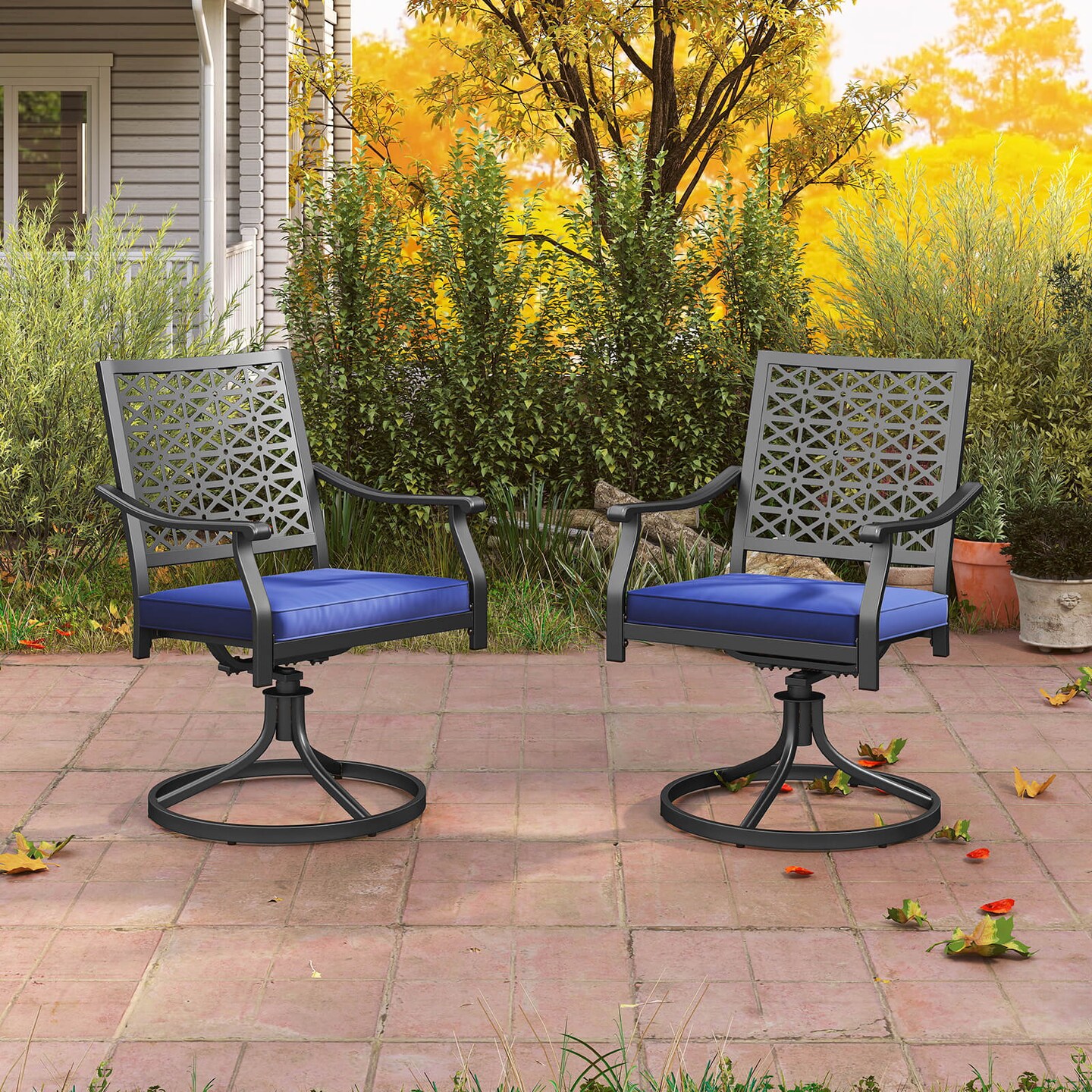 Costway 2 PCS Outdoor Swivel Chairs Patio Dining Chairs with Padded Cushions High Back Beige/Navy