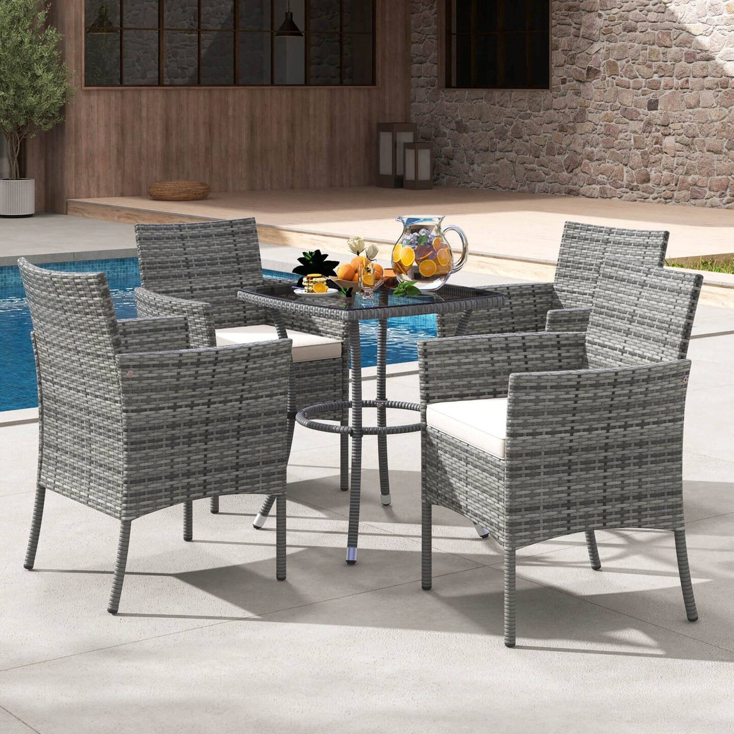 Costway Set of 2 Patio Rattan Arm Dining Chair Cushioned Sofa Furniture White